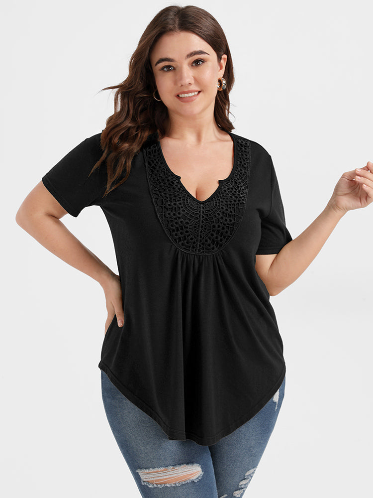 Solid Lace Patchwork Ruffled Notched T-shirt