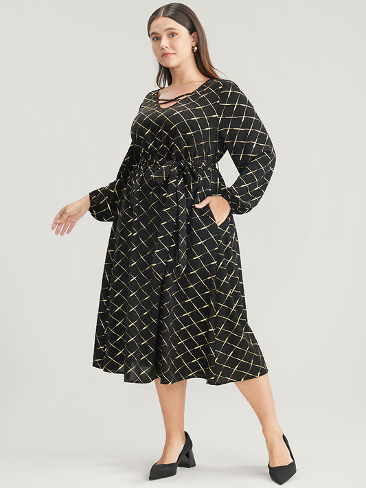 Geometric Print Crisscross Lantern Sleeve Pocket Belted Midi Dress