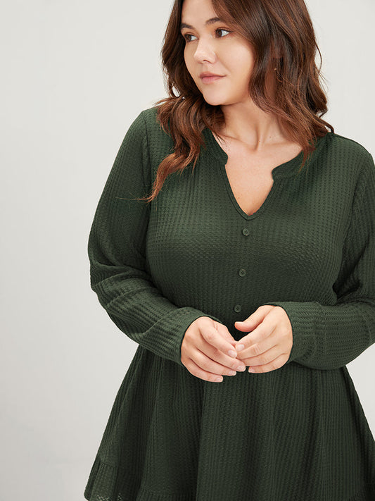 Solid Fake Button Flutter Hem Waffle Knit Long Tee