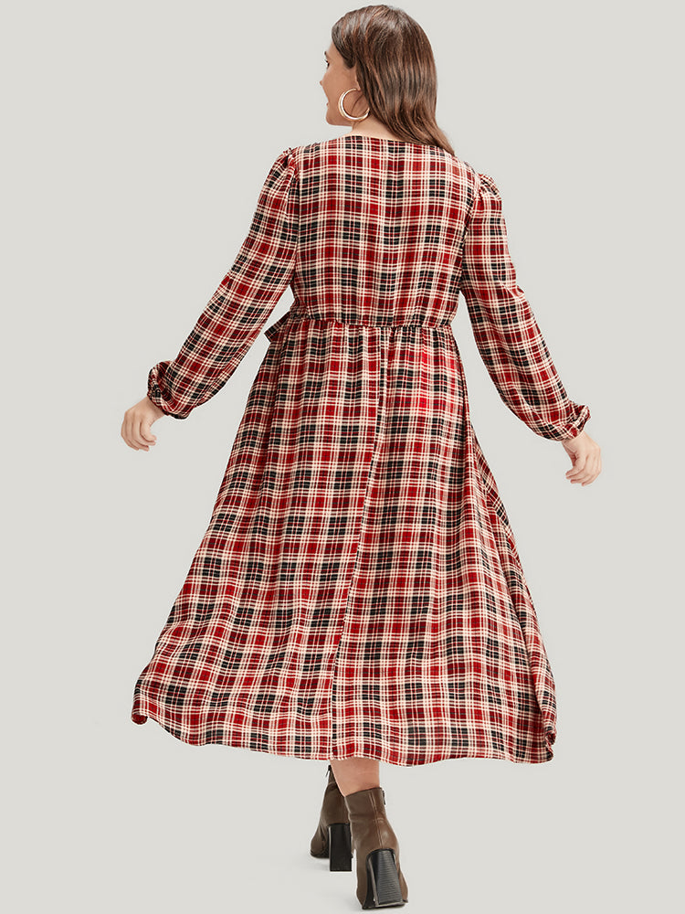 Tartan Wrap Lantern Sleeve Pocket Knotted Split Dress