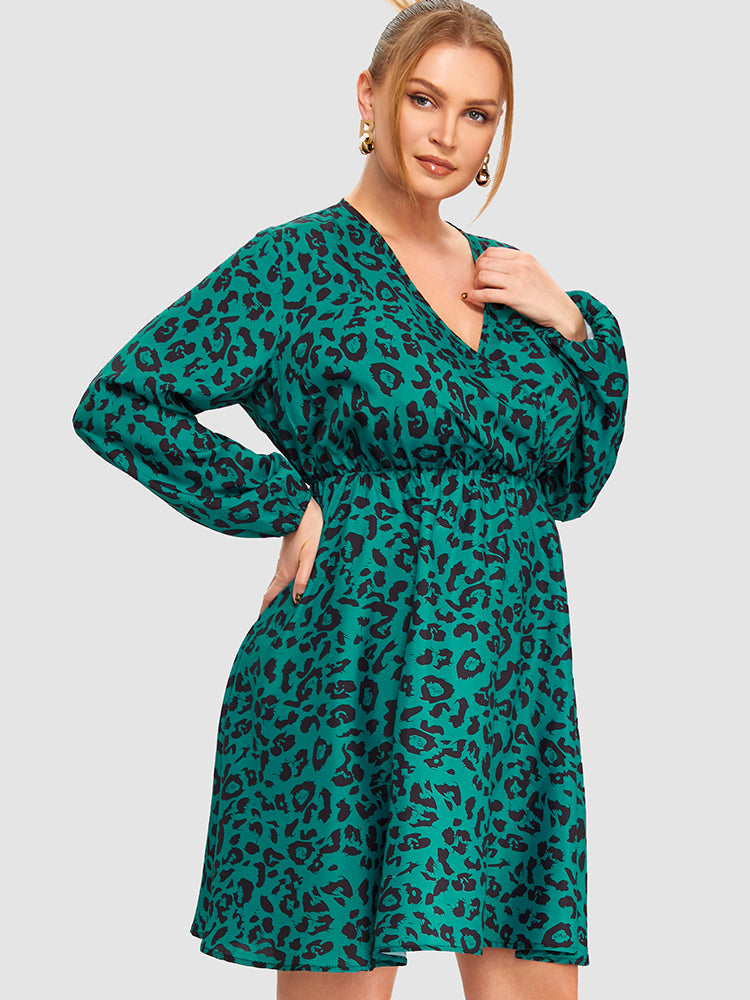 Leopard Pattern Surplice Neck A Line Dress