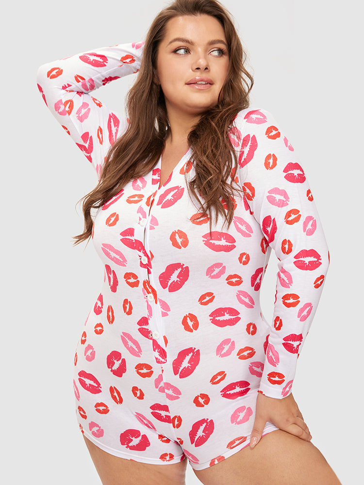 Samantha Casual At Home - Allover Lip Print Button Sleep Ropmer