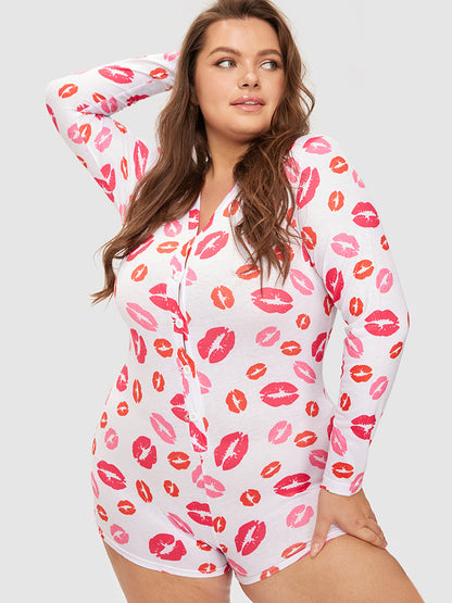 Samantha Casual At Home - Allover Lip Print Button Sleep Ropmer