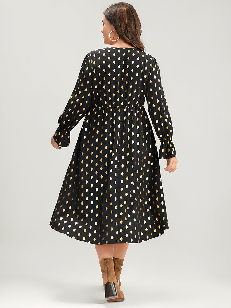 Polka Dot Lantern Sleeve Pocket Lace Trim Midi Dress