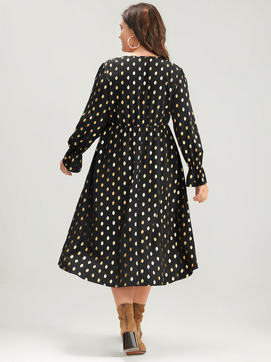 Polka Dot Lantern Sleeve Pocket Lace Trim Midi Dress
