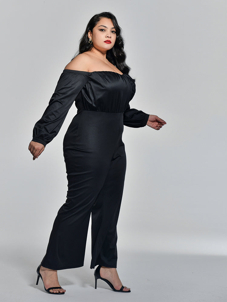 Off Shoulder Ruched Bust Flare Leg Jumpsuit