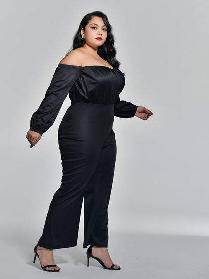Off Shoulder Ruched Bust Flare Leg Jumpsuit