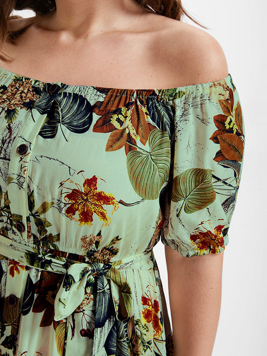 Bloom Dress - Plants & Floral Ruffles Off Shoulder Button Maxi Dress