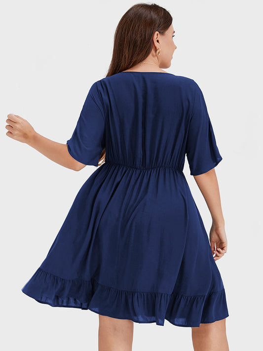 Bloom Dress - Solid Pocket Embroidered Ruffle Hem Knee Dress