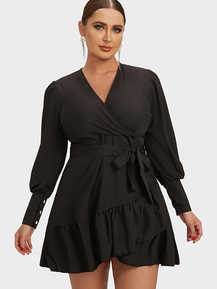 Lantern Sleeve Ruffled Wrap Knot Dress