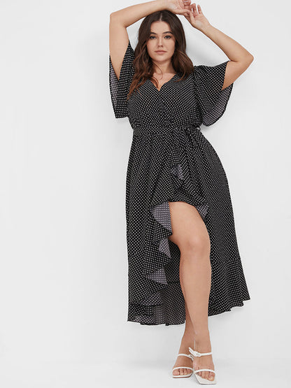 Polka Dot Flutter Trim Belted Wrap Dress