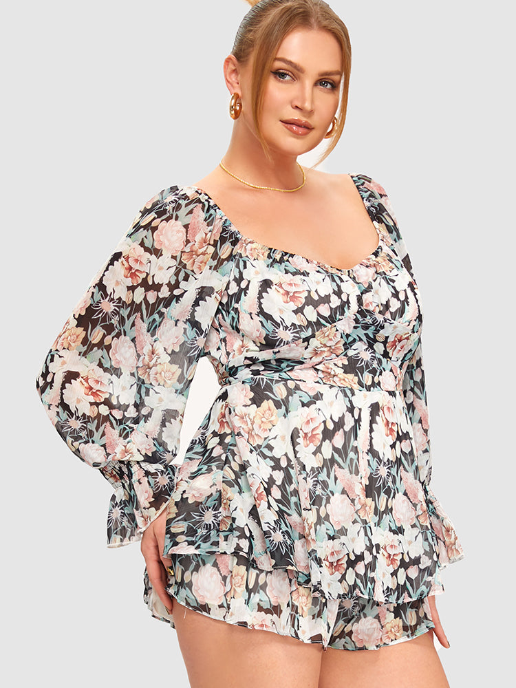 Square Neck Floral Pattern Ties Romper