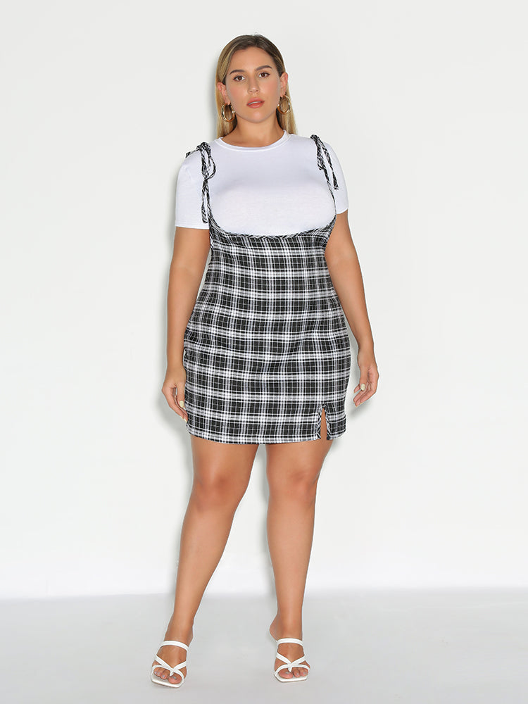 Knoted Plaid Pinafore Dress
