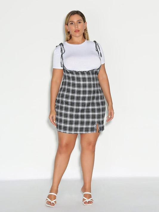 Knoted Plaid Pinafore Dress