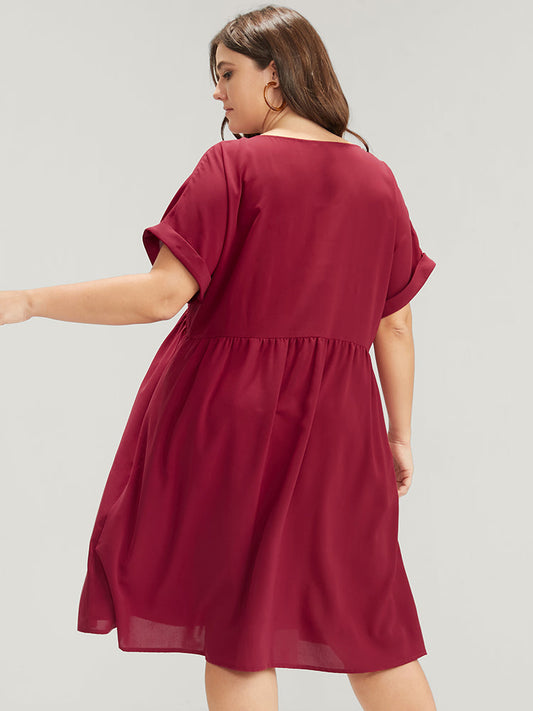 Plain Ruffles Button Detail Cuffed Sleeve Pocket Knee Dress