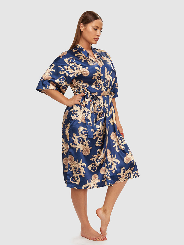 Scarf Art Print Satin Belted Night Robe