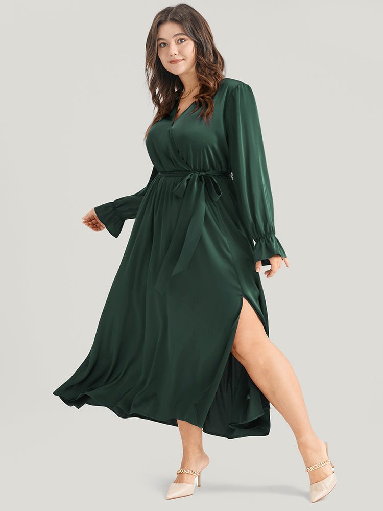 Solid Pocket Split Lantern Sleeve Belted Surplice Neck Dress