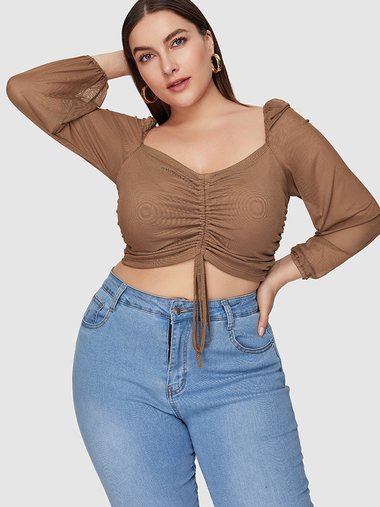 Bishop Sleeve Mesh Drawstring Crop Blouse