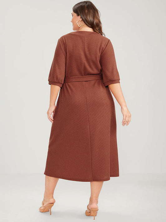 Solid Button Detail Pocket Belted Waffle Knit Dress