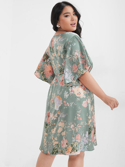 Floral Ruffles Ties V Neck Knee Dress