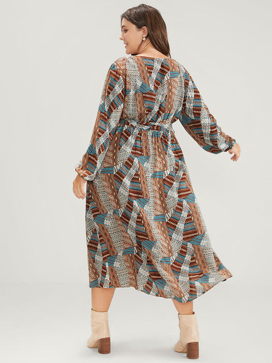Bandana Belted Pocket Lantern Sleeve Wrap Midi Dress