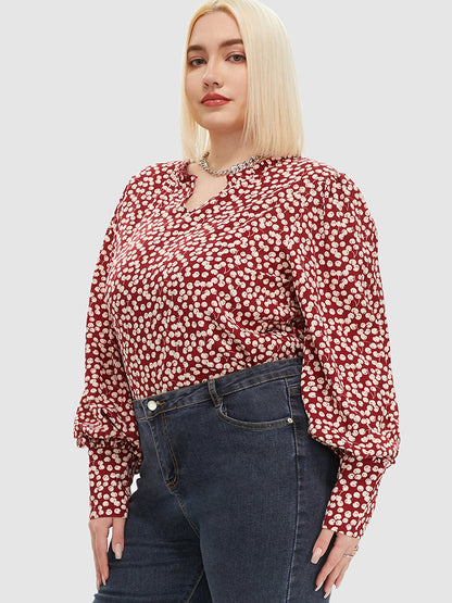 Cherry Pattern Notched Collar Blouse