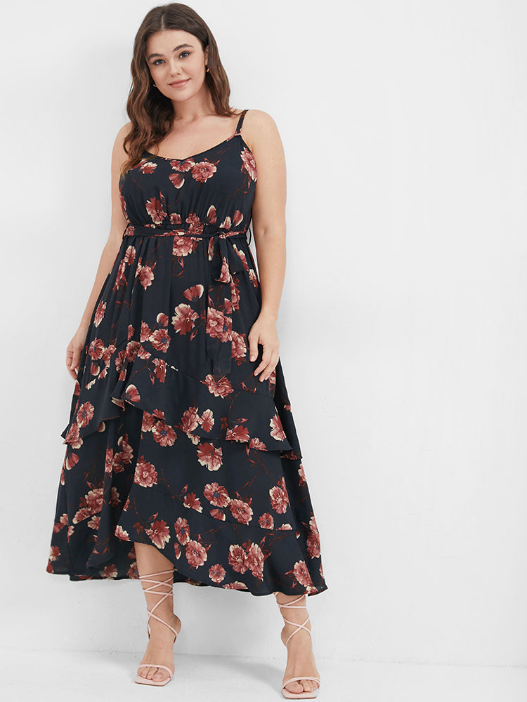 Floral Backless Ruffles Tiered Belted Cami Dress