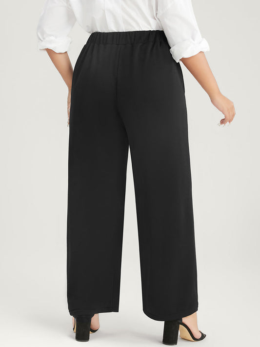Solid Button Detail Elastic Waist Pocket Pants