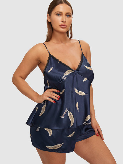 Feather Print Satin Lace Trim Pajama Set