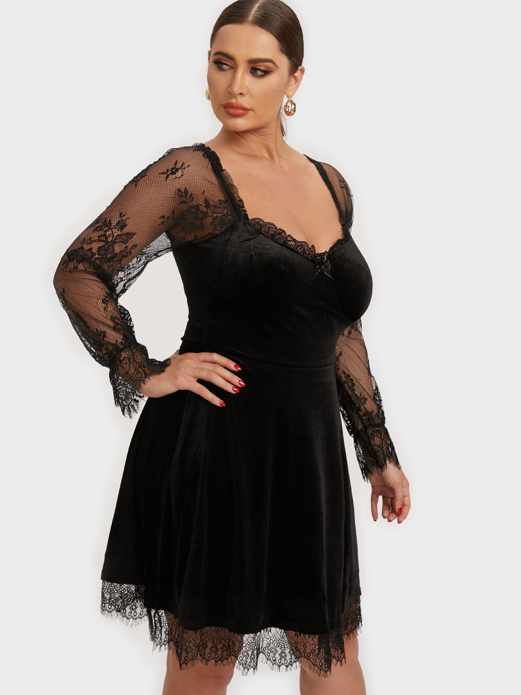 Solid Contrast Lace Sleeve Dress