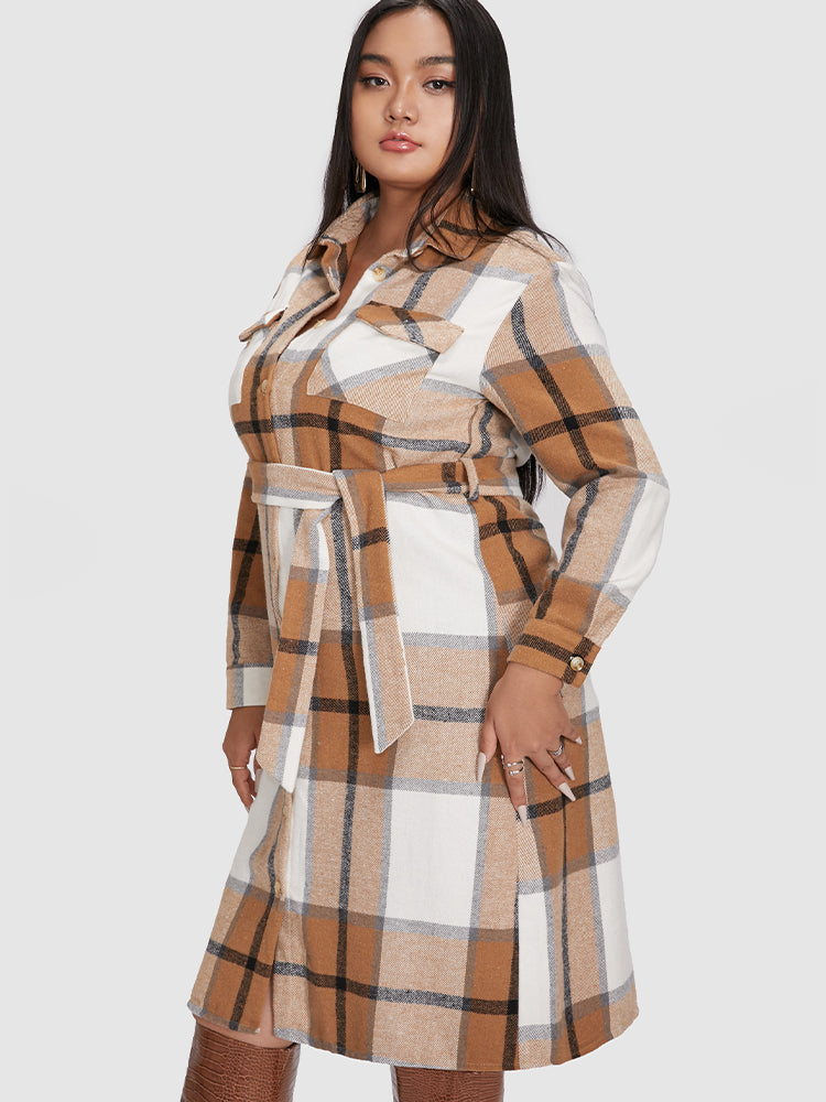 Plaid Pocket Belted Shirt Dress