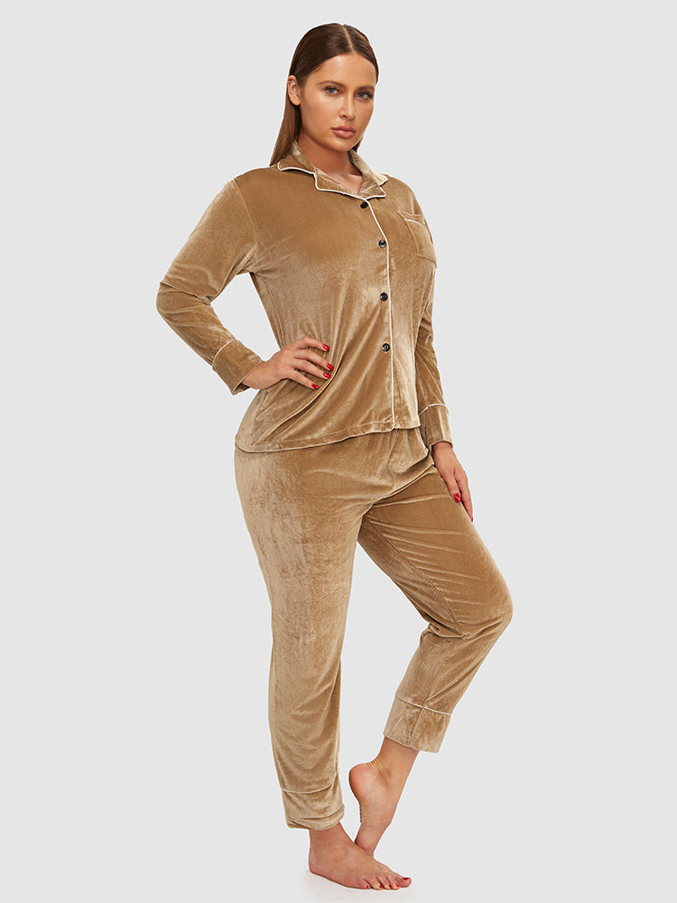 Contrast Binding Button Pocket Velvet Pajama Set