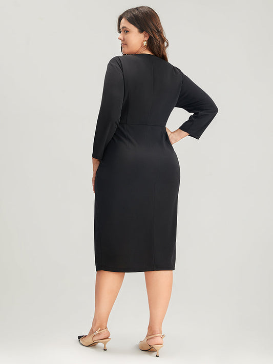 Solid Square Neck Button Up Bodycon Midi Dress
