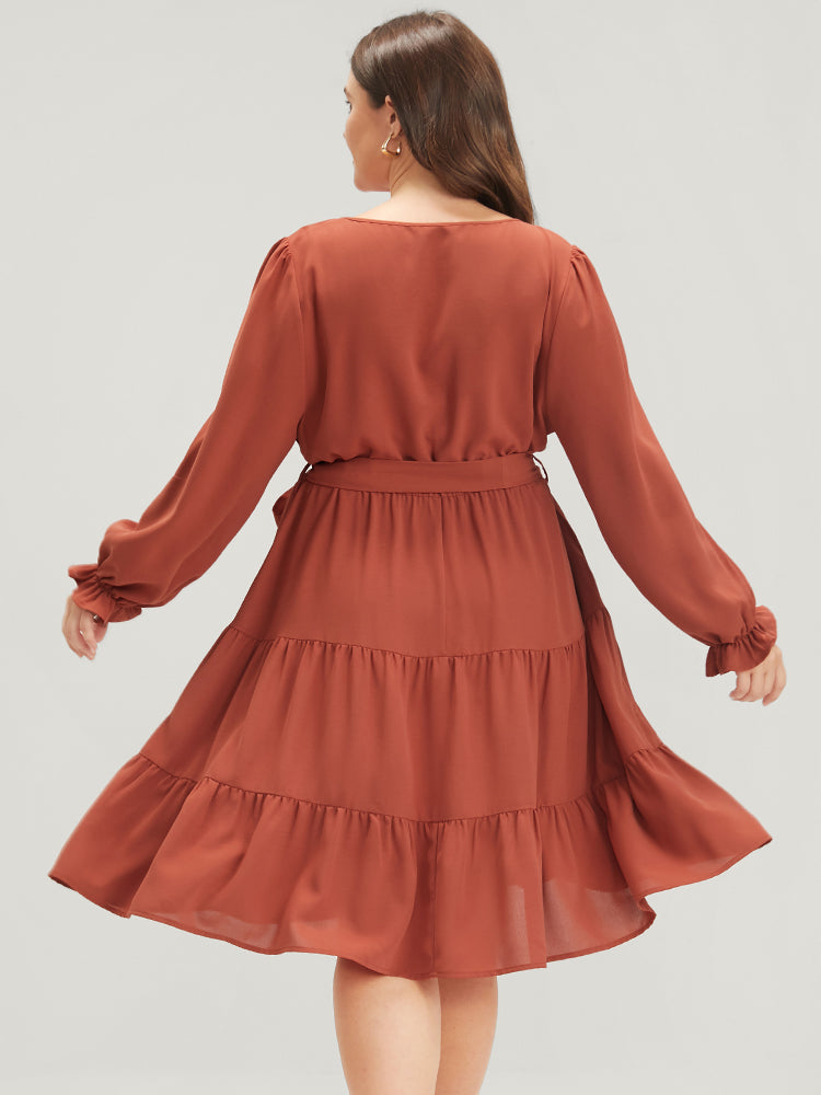Plain Pocket Button Flounce Sleeve Belted Ruffle Hem Dress