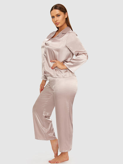 Lapel Collar Satin Button Front Pajama Set