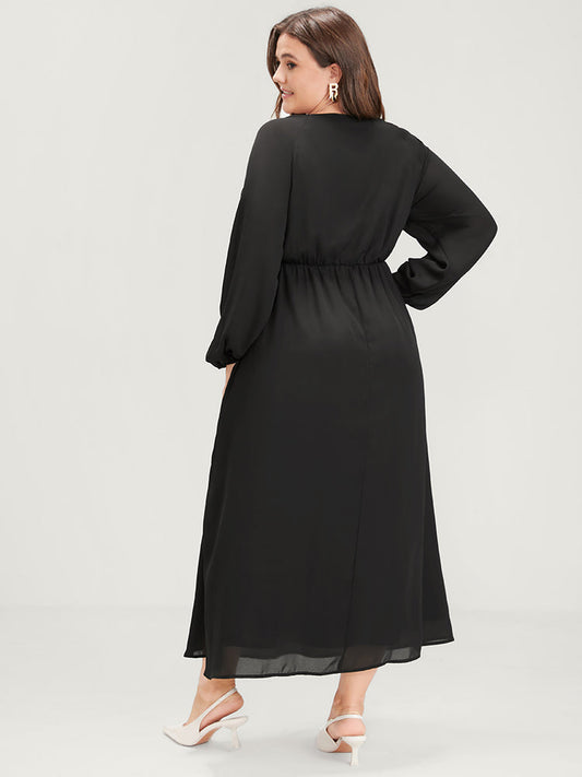 Plain Lantern Sleeve Pocket Ruffle Trim V Neck Split Dress