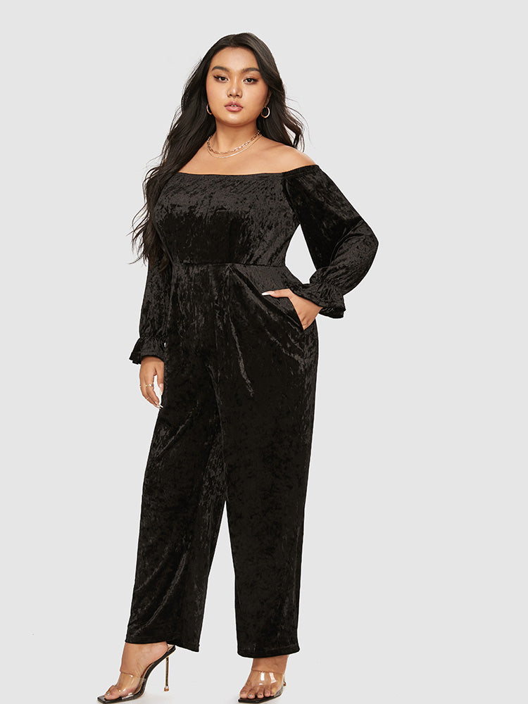 Off Shoulder Pocket Velvet Jumpsuit