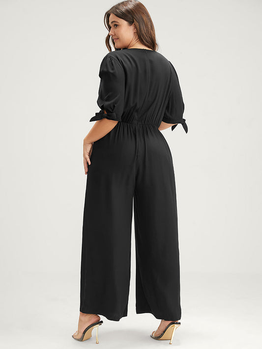 Plain Button Pocket Knotted Sleeve Jumpsuit