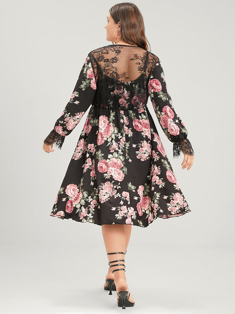 Floral Lantern Sleeve Pocket Mesh Lace Insert Knee Dress