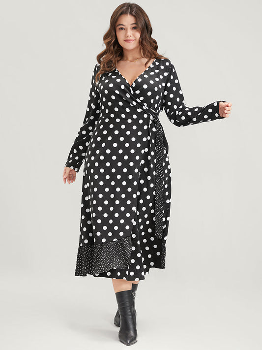 Polka Dot Surplice Neck Tie Side Pocket Ruffle Hem Dress
