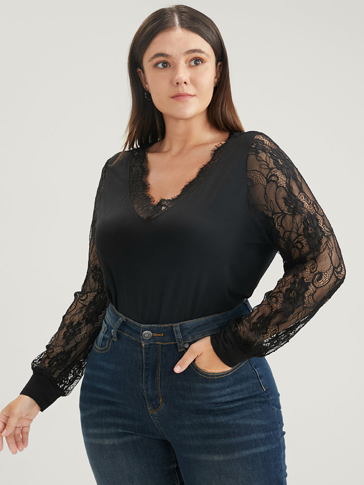 Solid V Neck Contrast Lace Lantern Sleeve Long Tee