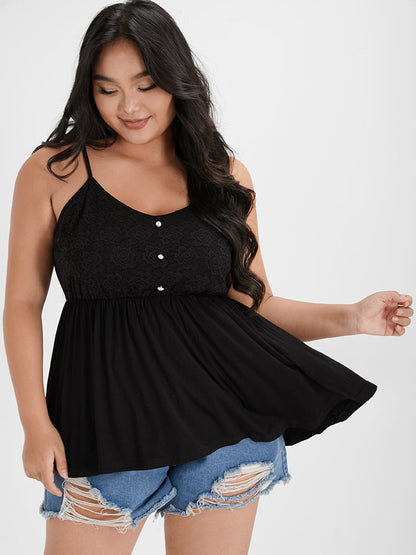 Solid Lace Patchwork Ruched Button Tank Top