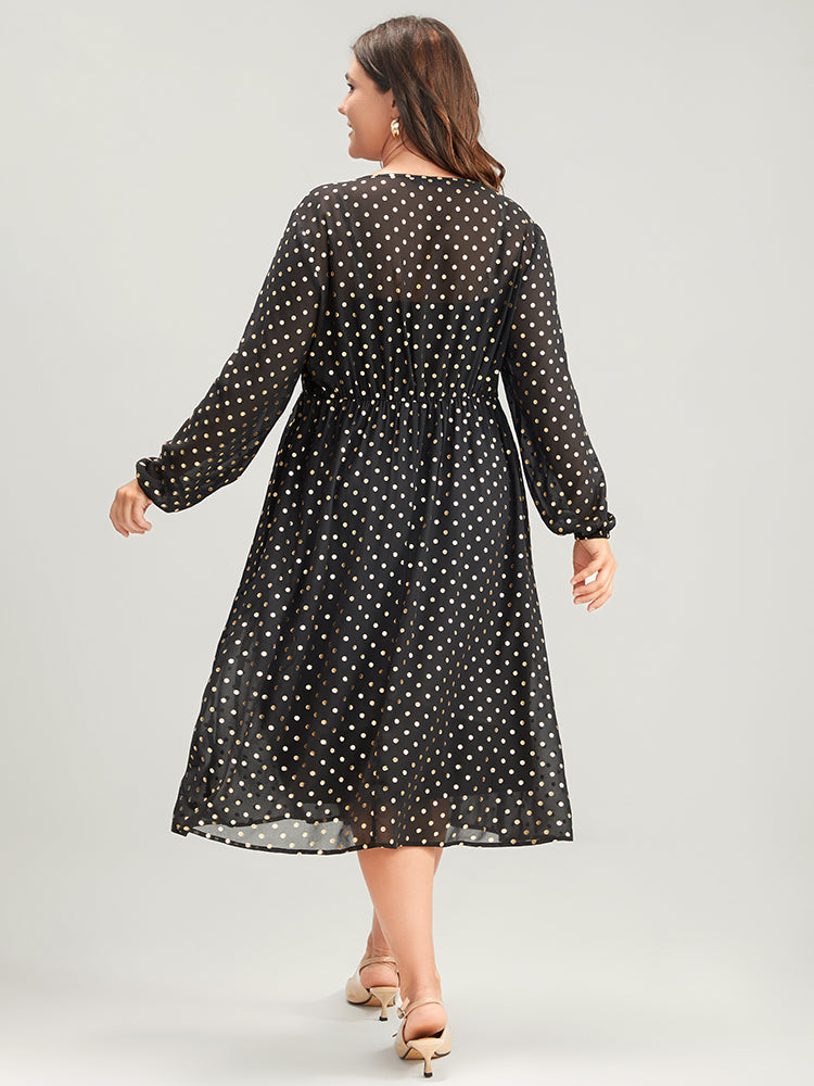 Polka Dot Mesh Lantern Sleeve Flutter Round Neck Midi Dress