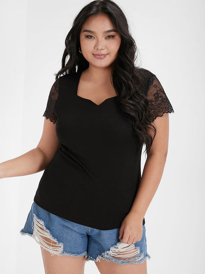 Solid Lace Sleeve Notched T-shirt