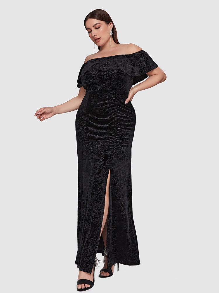 Velvet Floral Print Ruffled Ruched Split Dress