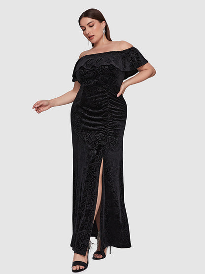 Velvet Floral Print Ruffled Ruched Split Dress