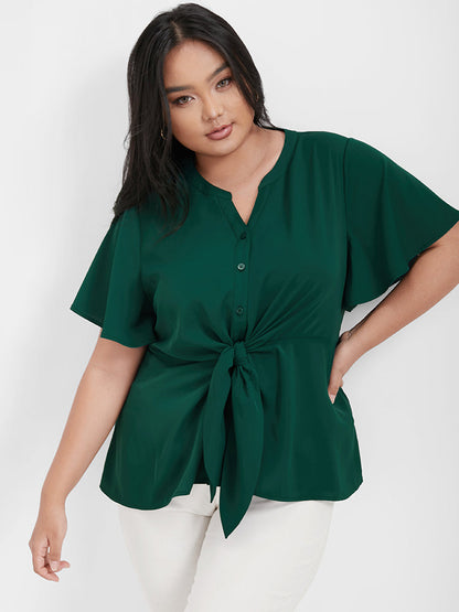 Solid Knotted Button Flutter Sleeve Blouse