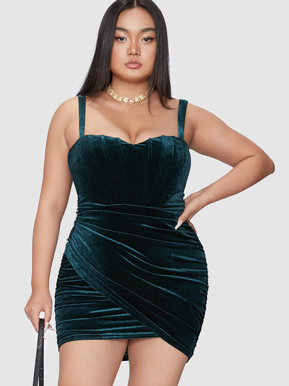 Solid Velvet Ruched Cami Bodycon Dress