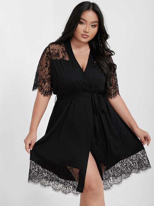 Solid Contrast Eyelash Lace Belted Sleep Robe