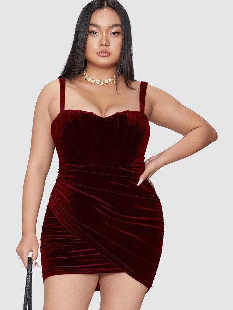 Solid Velvet Ruched Cami Bodycon Dress